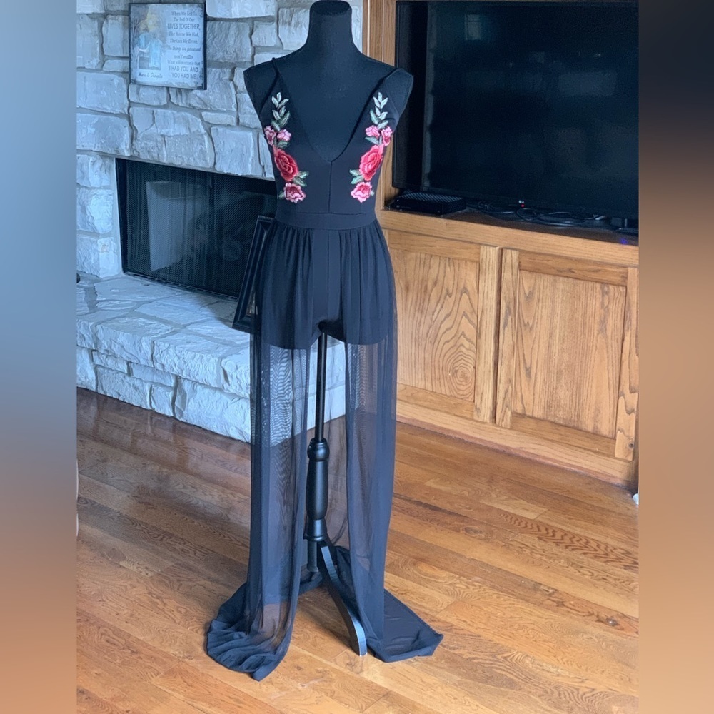 Love Culture Black Romper Sheer Extra Long Maxi